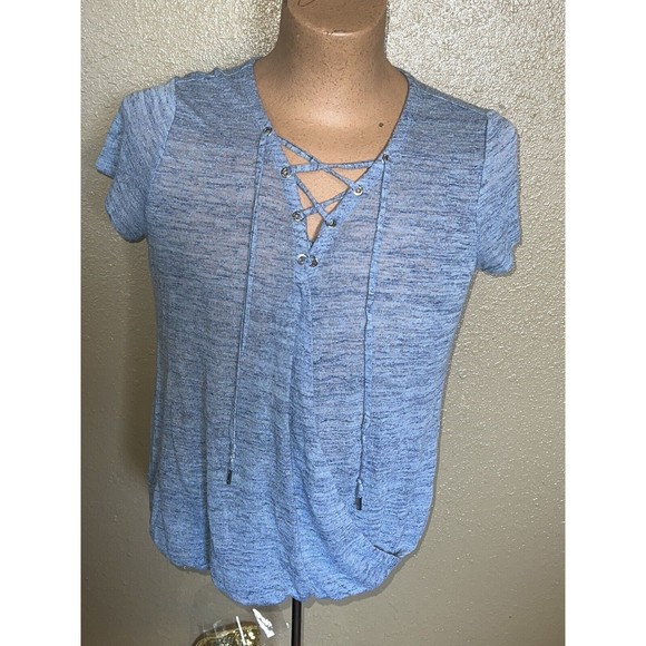Juicy Couture Womens Size Large Short Sleeve Lace Up Faux Wrap Burnout Top Blue - Picture 1 of 10